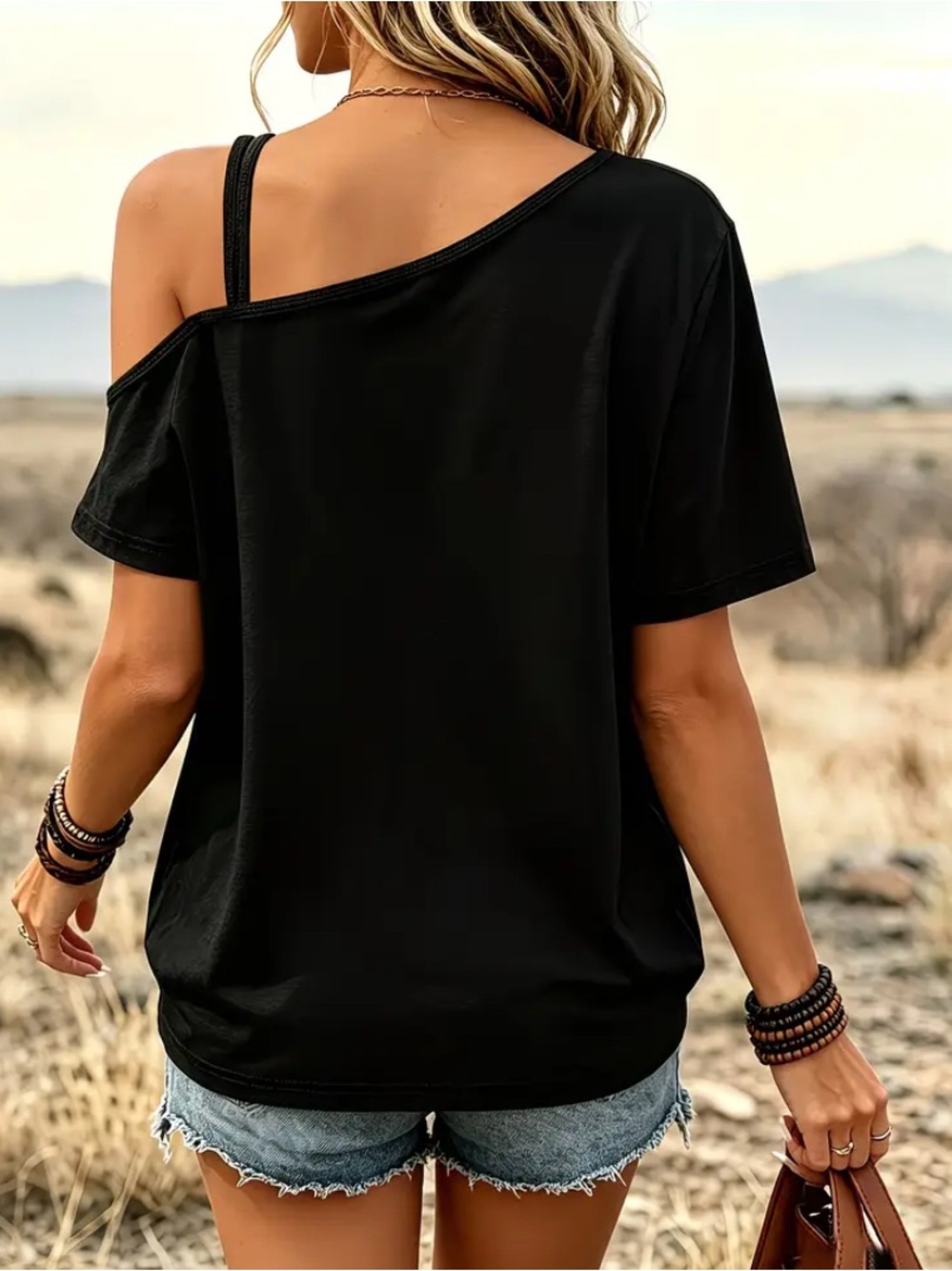 Jolene Off-Shoulder Graphic Tee - Black - Picture 2 of 4